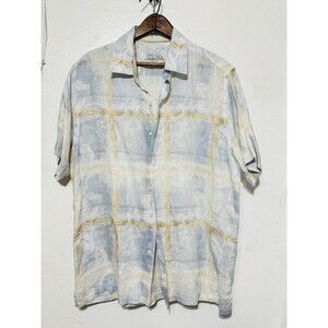 Tasso Elba Hawaiian Shirt Mens Medium 15-15.5 Blue Beige Floral Plaid 100% Linen